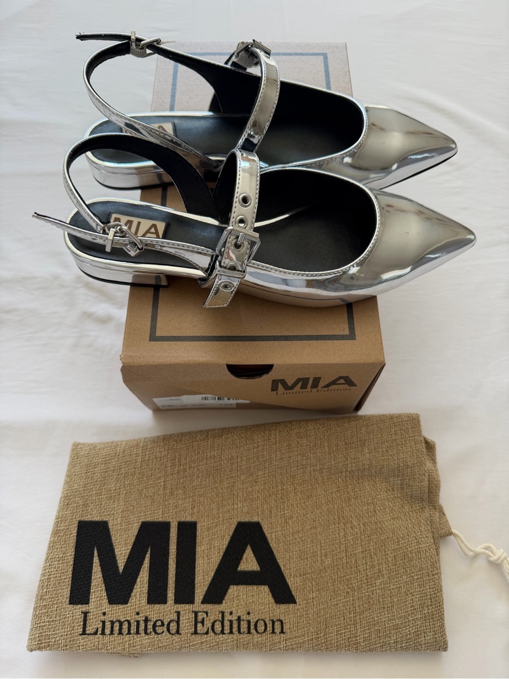 MIA Metallic Silver Pointed Slingback Heels - Picture 2 of 10